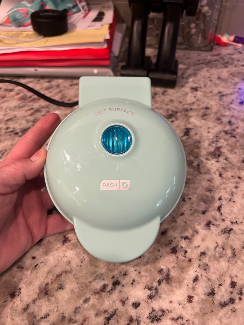 Ash Mint Green Mini Waffle Maker with Blue Indicator Light